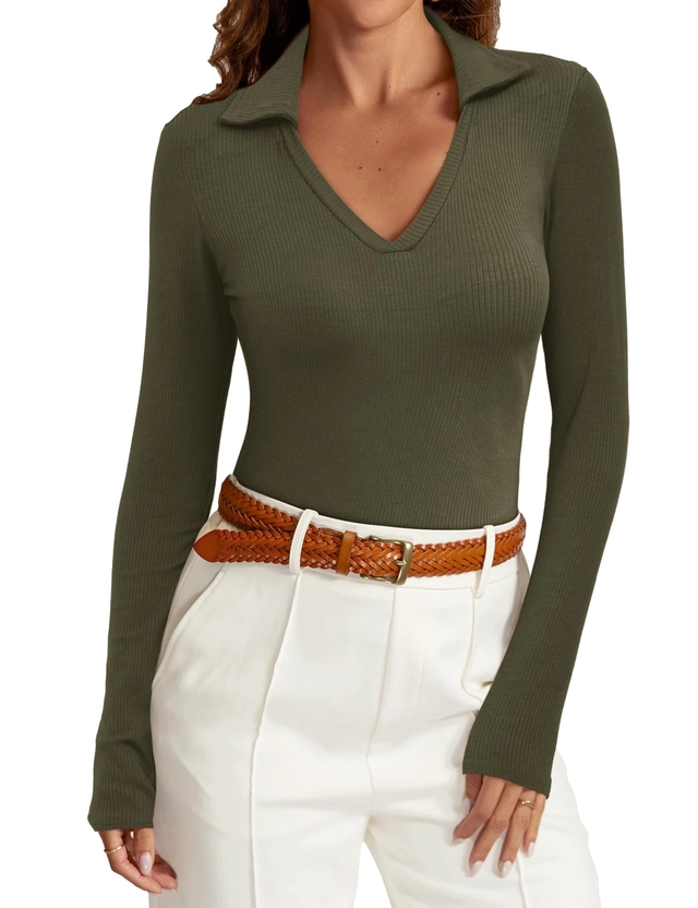 Tricouri dama - Bluza mulata de vară pentru femei, cu maneca lunga, decolteu V  verde M