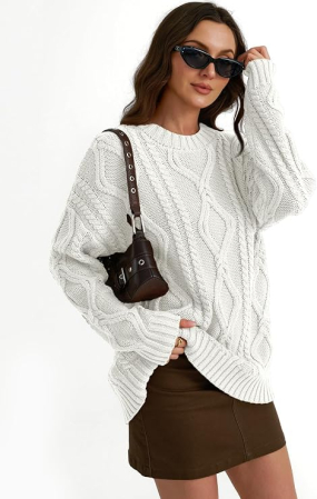 Bluza alba casual lejera pentru femei, pulover cu maneci lungi si decolteu rotund, S [2]