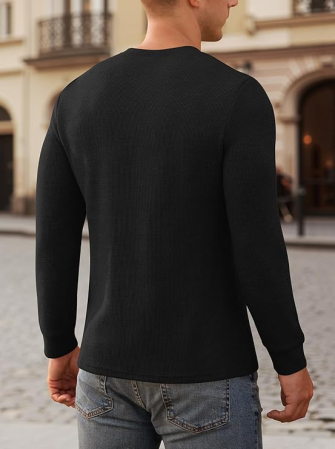 Bluza neagra casual respirabila pentru barbati, pulover tricotat, decolteu despicat cu 2 nasturi M [4]