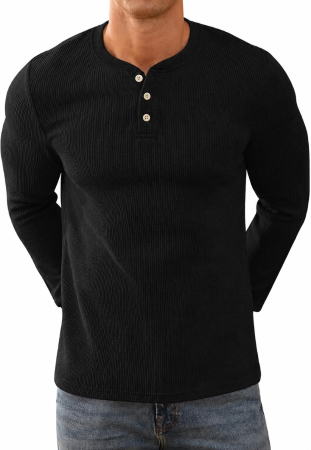 Bluze barbati - Bluza neagra casual respirabila pentru barbati, pulover tricotat, decolteu despicat cu 2 nasturi M