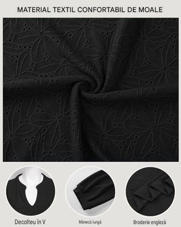 Bluza neagra lejera pentru femei, cu maneci lungi, decolteu in V, XL [4]