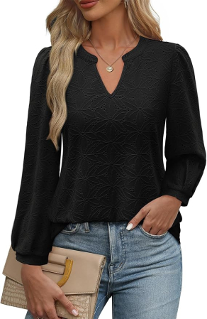 Bluze dama - Bluza neagra lejera pentru femei, cu maneci lungi, decolteu in V, XL