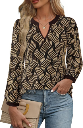 Bluze dama - Bluza neagra cu auriu lejera pentru femei, cu maneci lungi, decolteu in V, 2XL