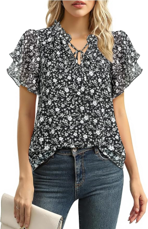 Bluze dama - Bluză neagra Damă Gaharu din Șifon, Decolteu în V, Mâneci cu Volane, Elegantă, M