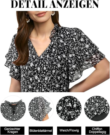 Bluză neagra Damă Gaharu din Șifon, Decolteu în V, Mâneci cu Volane, Elegantă, M [5]