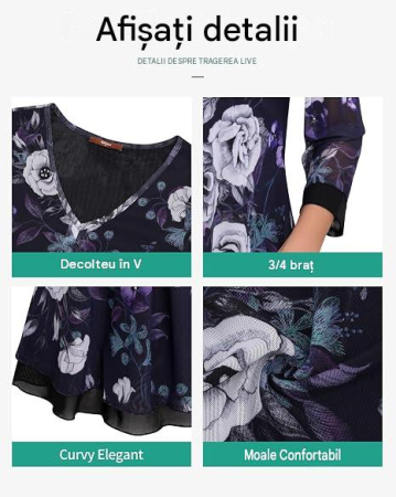 Bluză neagra Damă Gaharu, Imprimeu Floral, Mâneci 3/4, Decolteu în V, Dublu Strat, L [4]