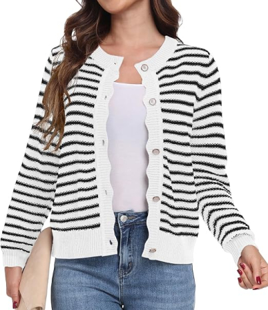 Bluza alba cu dungi lejera cu maneci lungi, cardigan tricotat pentru femei, XL [4]