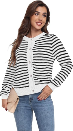 Bluza alba cu dungi lejera cu maneci lungi, cardigan tricotat pentru femei, XL [2]