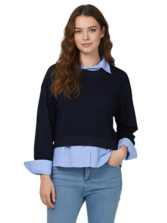 Bluze dama - Bluza albastra lejera cu maneci lungi si camasa falsa, 3XL