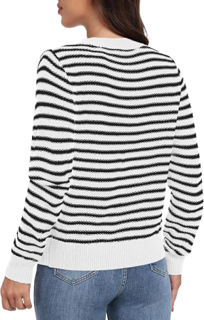 Bluza alba cu dungi lejera cu maneci lungi, cardigan tricotat pentru femei, M [3]