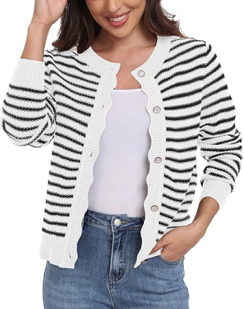 Bluze dama - Bluza alba cu dungi lejera cu maneci lungi, cardigan tricotat pentru femei, XL