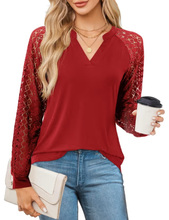 Bluze dama - Bluza rosie lejera pentru femei, pulover respirabil, decolteu in V, maneci dantelate S