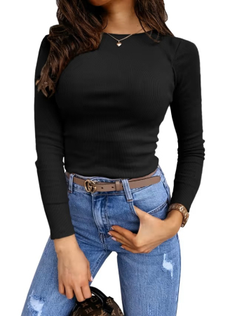 Bluze dama - Bluza neagra mulata pentru femei, slim cu maneca lunga, decolteu rotund L