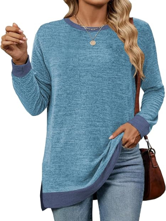 BLUZE FEMEI - Bluză albastra de Damă Oversized cu Mâneci Lungi, Guler Rotund, Dungi și Color Block, Croi Lejer, S