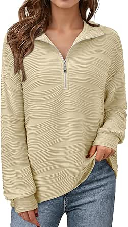 Bluze dama - Bluza bej texturata larga, cu maneci lungi, decolteu V cu fermoar, 2XL