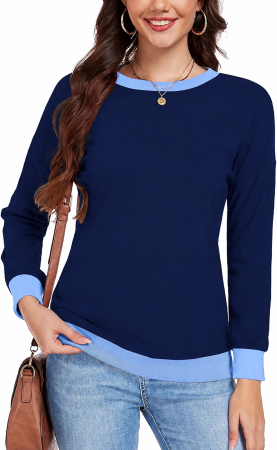 Bluze dama - Bluza albastru inchis, lejera pentru femei, cu maneci lungi, guler rotund, M