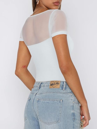 Bluza pe corp, body cu mânecă scurta pentru femei, umeri transparenti Alb S [1]