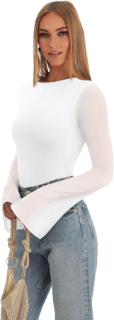 Bluza pe corp, body cu mânecă lungă pentru femei, Alb 2XL [4]