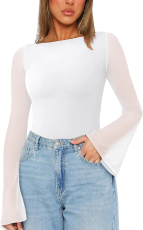 IMBRACAMINTE - Bluza pe corp, body cu mânecă lungă pentru femei, Alb 2XL