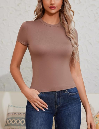 Bluza pe corp pentru femei, cu maneca scurta, decolteu in V Maro XL [1]