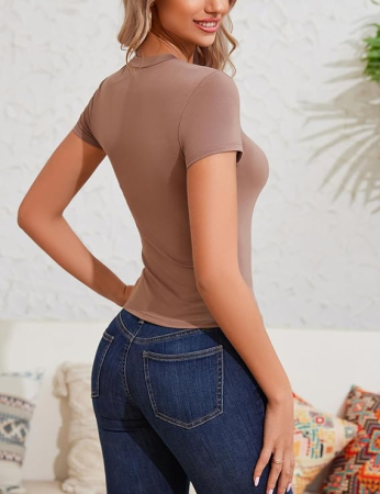 Bluza pe corp pentru femei, cu maneca scurta, decolteu in V Maro XL [5]