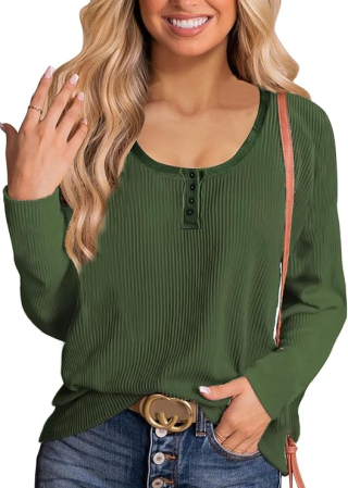 Bluza pe corp pentru femei, cu maneca lunga, gat in U cu nasturi, Verde XL [2]