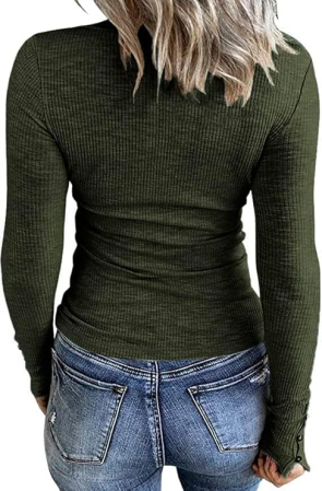 Bluza pe corp pentru femei, cu maneca lunga, gat in U cu nasturi, Verde XL [1]