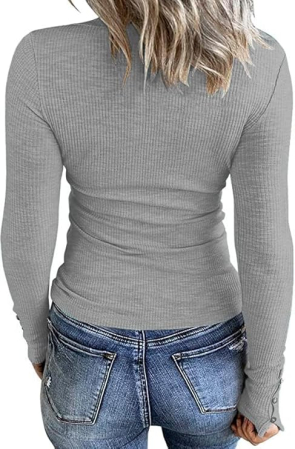 Bluza pe corp pentru femei, cu maneca lunga, gat in U cu nasturi, gri S [1]