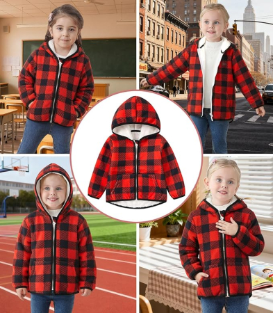 Bluza rosie in carouri, captusita pentru copii, cu maneci lungi, hanorac lejer 2-3 ani 92-98 cm [5]