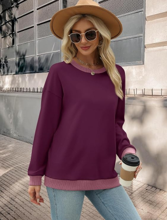 Bluza violet, lejera pentru femei, cu maneci lungi, guler rotund, XL [3]