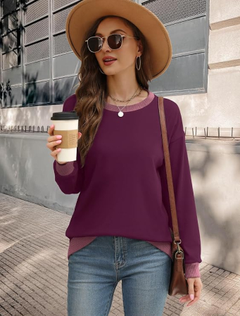 Bluza violet, lejera pentru femei, cu maneci lungi, guler rotund, 2XL [2]