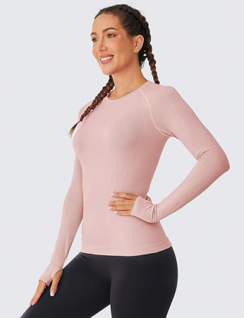 Bluza sport pe corp, cu maneca lunga,  fixare pe degete, Roz M [2]