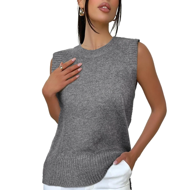 BLUZE FEMEI - Bluza tricotata, fara maneci, la baza gatului, gri L