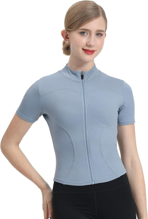 BLUZE FEMEI - Bluza sport, cu maneca scurta, pe gat cu fermoar, bleu S