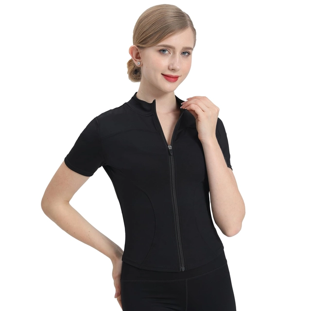 Bluza sport, cu maneca scurta, pe gat cu fermoar, Negru M [1]