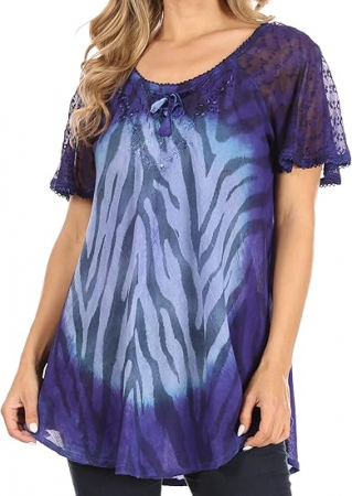 BLUZE FEMEI - Bluza subtire cu maneca scurta, din sifon, marime universala mov cu model