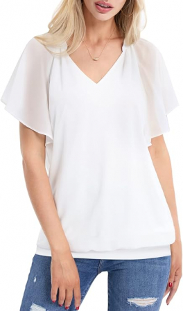Bluza subtire eleganta, din sifon, cu maneca scurta si decolteu in V, alba L [5]