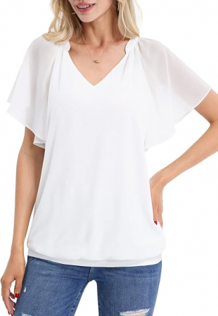 Bluza subtire eleganta, din sifon, cu maneca scurta si decolteu in V, alba L [1]