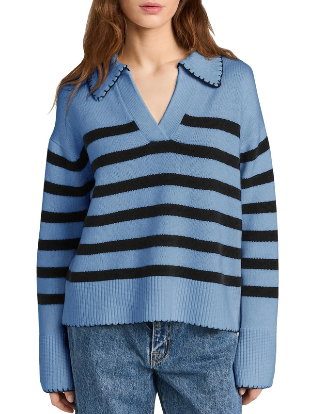 BLUZE FEMEI - Bluza tricotata, cu maneca lunga, decolteu in V, albastra M