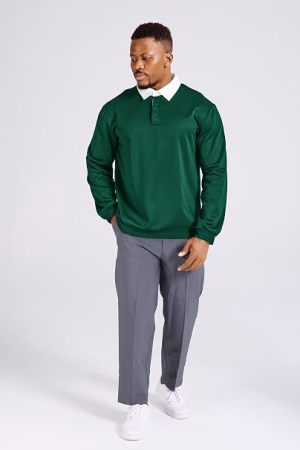 Bluză verde Polo Bărbați cu Mâneci Lungi, Guler Contrast, Nasturi, Regular Fit, L [5]
