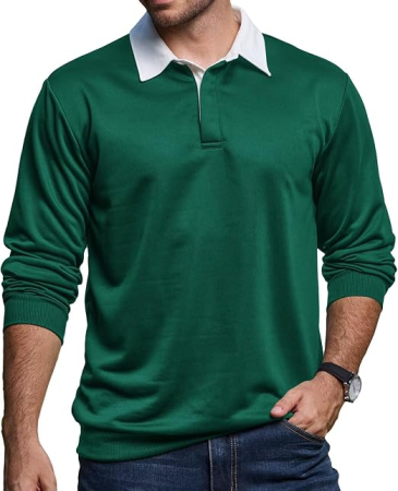 Bluze barbati - Bluză verde Polo Bărbați cu Mâneci Lungi, Guler Contrast, Nasturi, Regular Fit, L