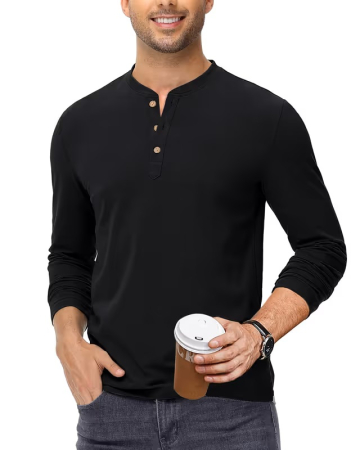 Bluze barbati - Bluza neagra lejera pentru barbati, cu maneci lungi, guler rotund  cu nasturi M