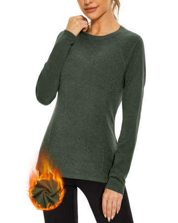 Bluze dama - Bluza verde termica, pe corp, cu maneci lungi, pulover pentru femei, S