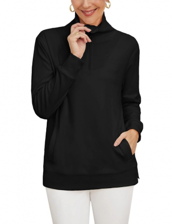 BLUZE FEMEI - Bluza tricotata, cu maneca lunga, decolteu in V cu fermoar, neagra L