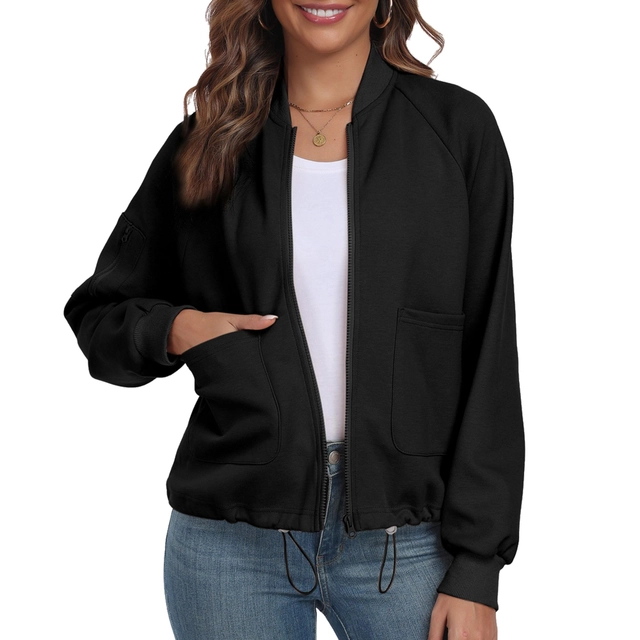 BLUZE FEMEI - Bluza sport, cu maneca lunga, decolteu in V cu fermoar, neagra 2XL