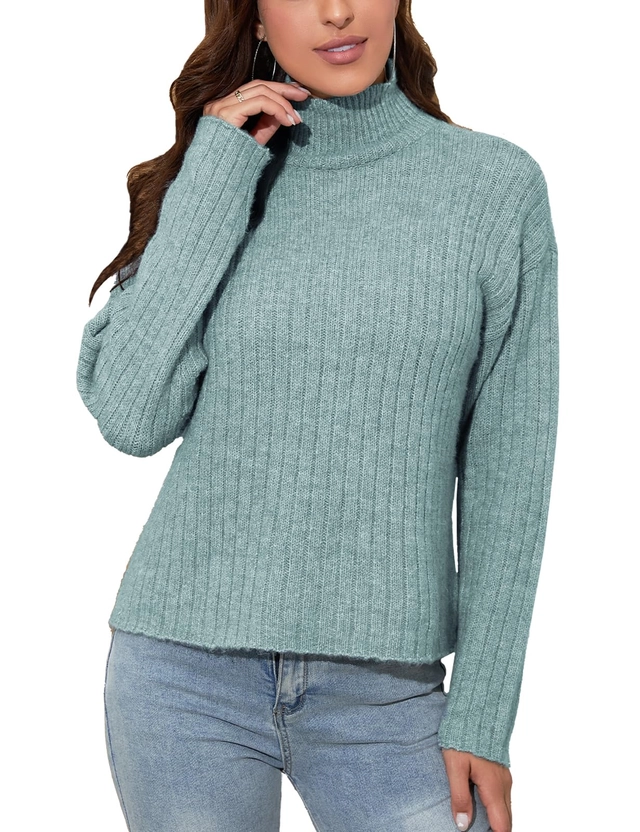 BLUZE FEMEI - Bluza lejera tricotata, cu maneca lunga, pulover albastru pe gat, 2XL
