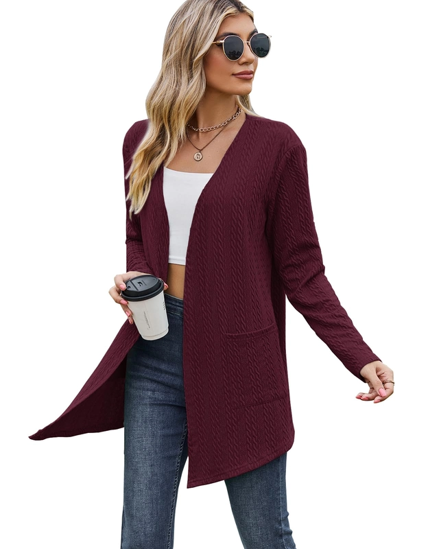Bluza tricotata cu maneci lungi, cardigan pentru femei, Rosu M [2]
