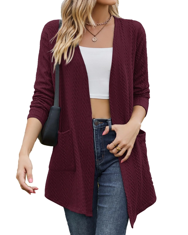 BLUZE FEMEI - Bluza tricotata cu maneci lungi, cardigan pentru femei, Rosu M