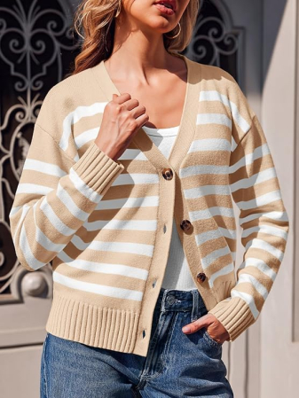 Bluza tricotata larga cu maneci lungi, cardigan pentru femei, Crem M [1]