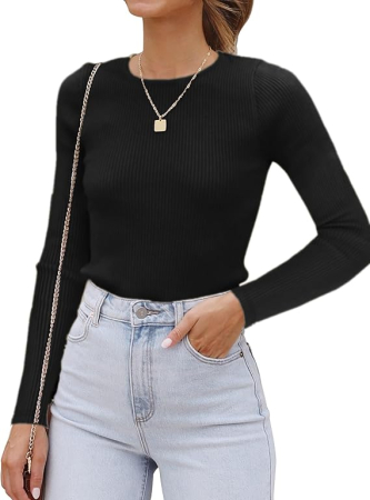 Bluze dama - Bluza tricotata, pe corp, cu maneci lungi, pulover pentru femei, neagra S